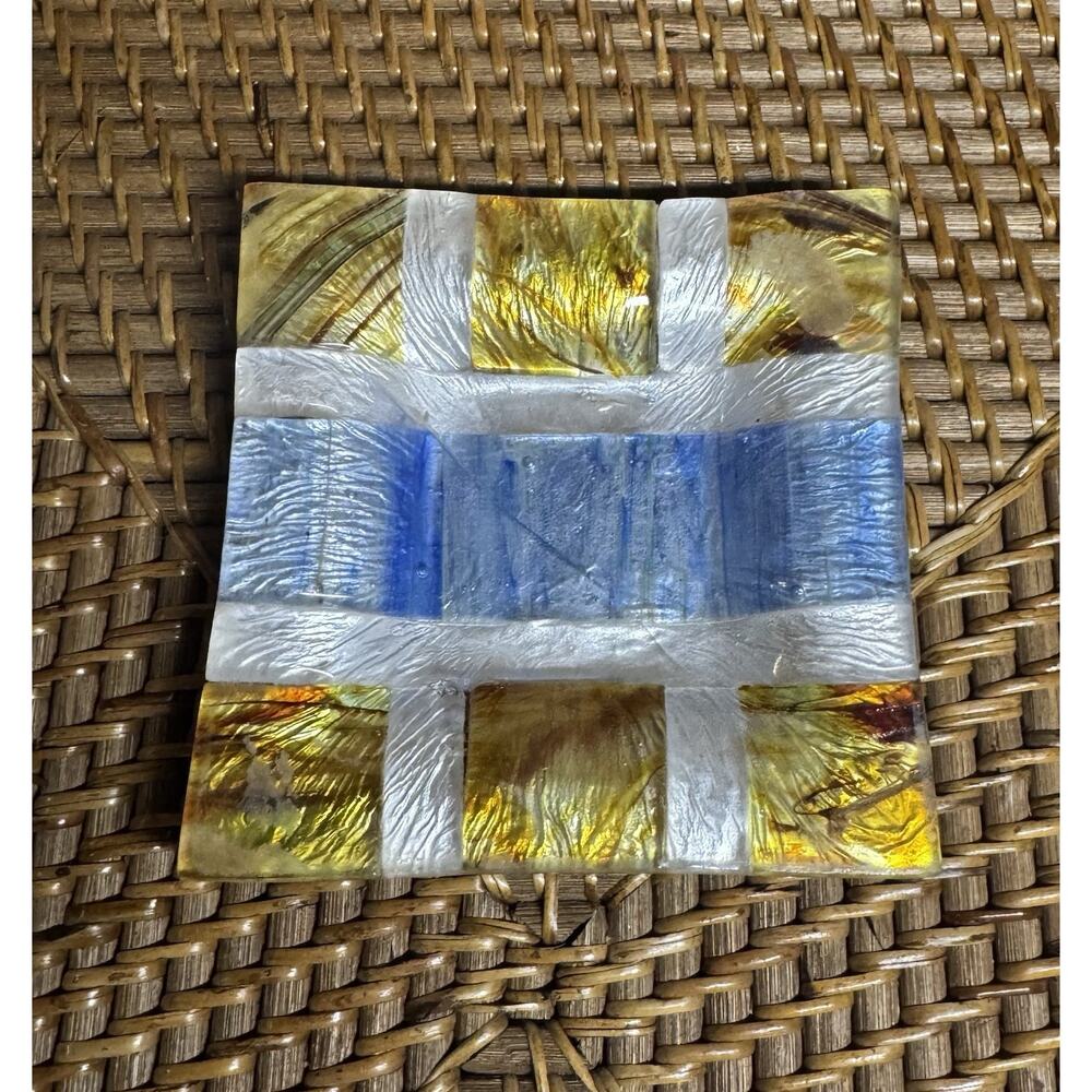 Pressed Art Glass Trinket Tray 3.5” square Blue & Gold Back Cobalt Blue